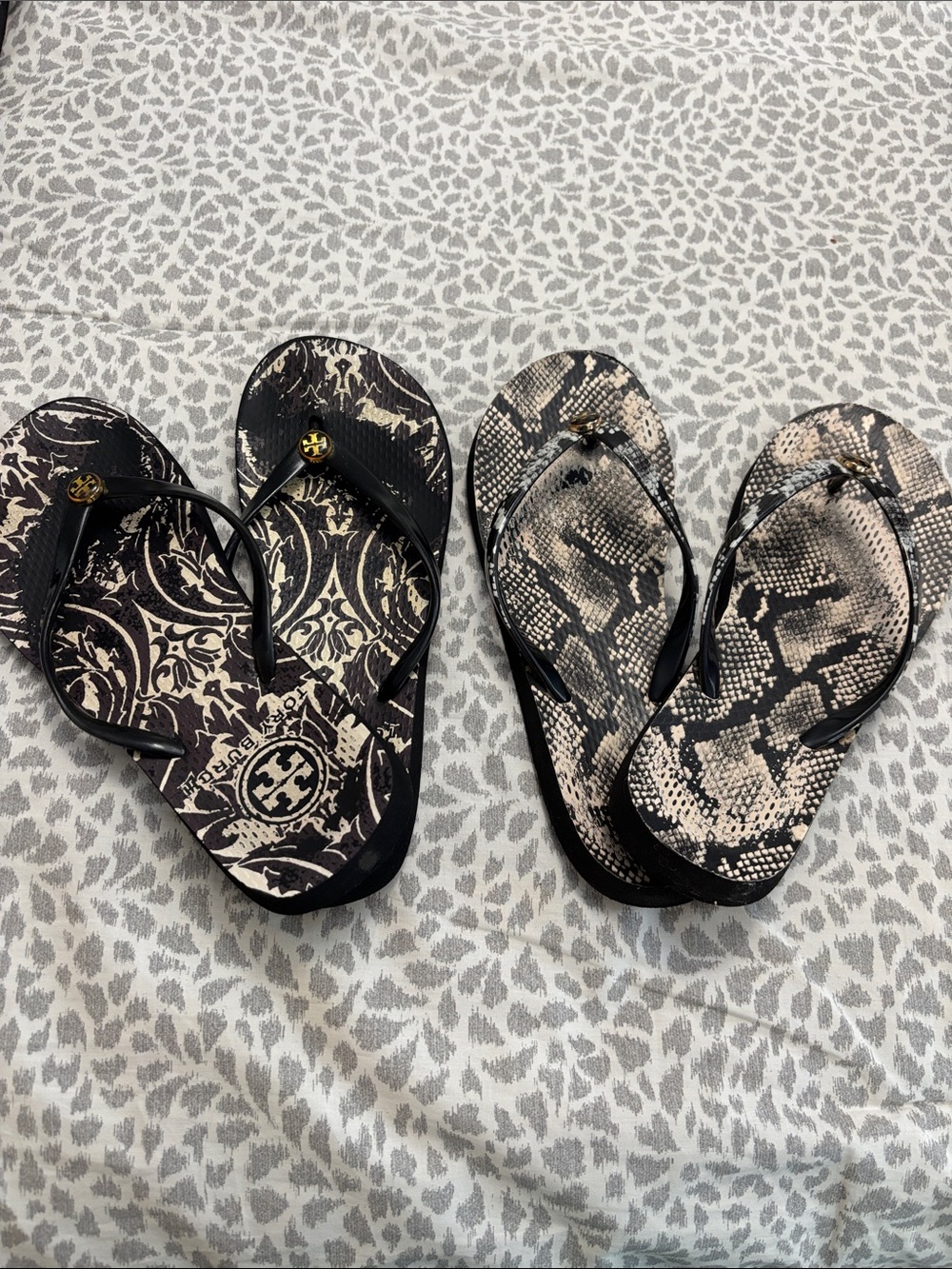 Tory Burch Black and Beige Printed Sandal Flip-Flops